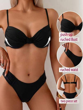 Swim SPRTY مجموعة ملابس شاطئية للنساء 2 قطع للصيف - بكيني علوي مجعد مع سلك داعم والبكيني السفلي، ملابس سباحة سوداء جذابة