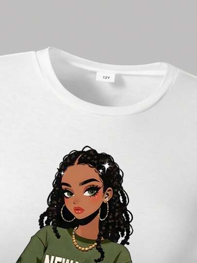 girls sets طقم ملابس علوية كم قصير ذات طبعة كرتونية وبنطلون بجيوب للفتيات المراهقات