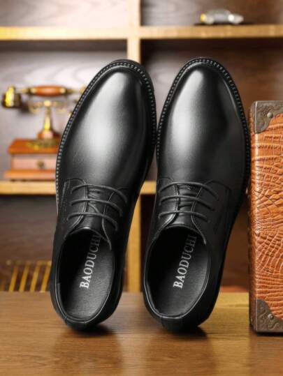 أحذية رسمية سوداء ذات أصابع مستديرة للرجال، مناسبة للارتداء في المكتب والزفاف، مزودة بنظام رفع الارتفاع