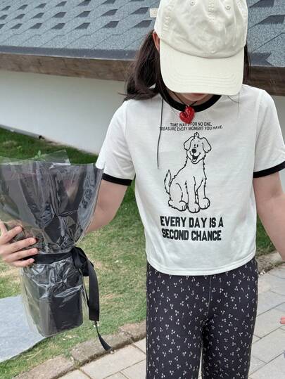 girls-sets DAZY طقم بنطال طويل مطبوع بالكامل وتيشيرت أكمام قصيرة مضلع مطبوع بالكامل، إطلالة خريفية لمراهقة 2قطعة/طقم