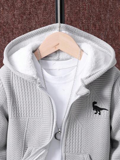 SHEIN Genkimix Kids جاكيت مطرز بديناصور مبطن حراري قبعة مع بنطلون رياضي بدون تي شيرت ولد طفل
