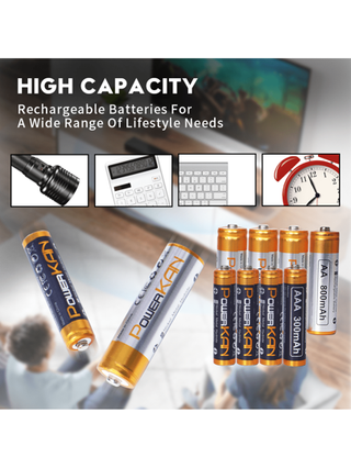 powerKAN شاحن بطارية AA AAA، 4 بطاريات قابلة لإعادة الشحن، شاحن بطارية LED مزود ب- 4 فتحات لبطاريات AA 800 مللي أمبير ساعة + AAA 300 مللي أمبير ساعة قابلة للشحن، مجموعة بطارية قابلة للشحن وشاحن بطارية