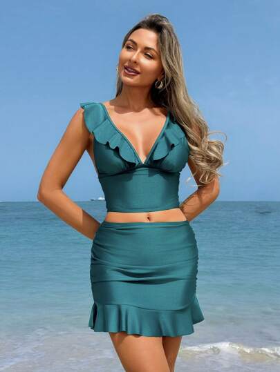 طقم تانكيني حريمي Swim Lushoire 3 قطع من ملابس البحر الصيفية للنساء، بدلة سباحة أنيقة ذات لون أحادي مطوية على شكل V في الرقبة ومجموعة بلوزة وتنورة سبور مطوية لحمام الشمس