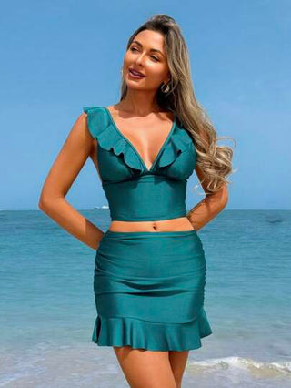 طقم تانكيني حريمي Swim Lushoire 3 قطع من ملابس البحر الصيفية للنساء، بدلة سباحة أنيقة ذات لون أحادي مطوية على شكل V في الرقبة ومجموعة بلوزة وتنورة سبور مطوية لحمام الشمس
