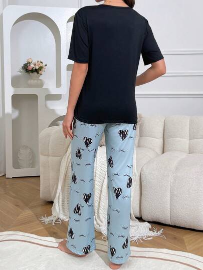 Shein Underwear&Sleepwear Maternity بيجاما حمل قصيرة الأكمام بتصميم رضاعة مطبوع عليها رموز وحليات رموش