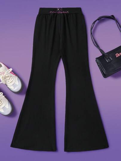 CATWOMAN X SHEIN بنطلون قماشي بقصة واسعة، مريح وكاجوال، مزين بحروف وقطط مرصعة بالراين على لون أسود للفتيات المراهقات