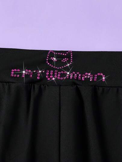 CATWOMAN X SHEIN بنطلون قماشي بقصة واسعة، مريح وكاجوال، مزين بحروف وقطط مرصعة بالراين على لون أسود للفتيات المراهقات