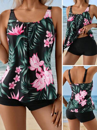 طقم تانكيني حريمي Swim Lushoire طقم ملابس سباحة للنساء بتوب فضفاض بطبعة زهور استوائية ورقبة مطوية وشورت ساقين واسع، باللون الوردي، مناسب للربيع والصيف