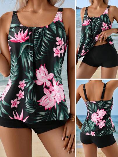طقم تانكيني حريمي Swim Lushoire طقم ملابس سباحة للنساء بتوب فضفاض بطبعة زهور استوائية ورقبة مطوية وشورت ساقين واسع، باللون الوردي، مناسب للربيع والصيف