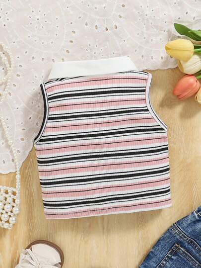 SHEIN ملابس علوية بياقة بولو بدون أكمام ملونة مخططة للرضع بنات، صيفي/ربيعي