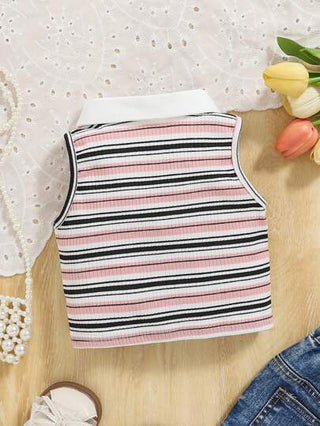 SHEIN ملابس علوية بياقة بولو بدون أكمام ملونة مخططة للرضع بنات، صيفي/ربيعي