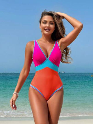 مايوه حريمي قطعة واحدة Swim SPRTY بدلة سباحة نسائية مينيمالستية حديثة، ذات رقبة عميقة على شكل حرف V، ظهر مكشوف، بطبعات زهرية أنيقة وجذابة مناسبة للإجازة الصيفية