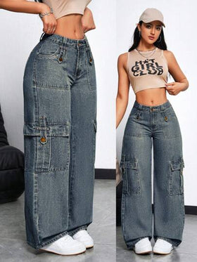 SHEIN ICON سروال جينز نسائي واسع الساق بتصميم ممزق بشكل عرضي