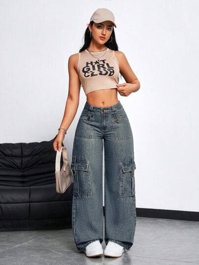 SHEIN ICON سروال جينز نسائي واسع الساق بتصميم ممزق بشكل عرضي