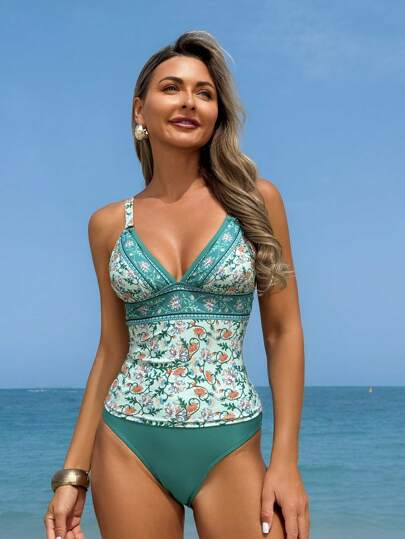 طقم تانكيني حريمي Swim Lushoire مجموعة بكيني بوهيمية مكونة من ملابس علوية رباط عميقة الرقبة مطبوعة وشورت السباحة عالي الخصر قطعتين، ملابس صيفية شاطئية للمرأة