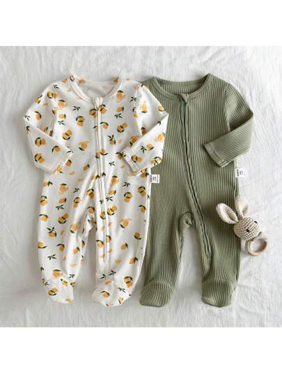 Loomiva طقم جمب سوت وبنطلون طفل حديث الولادة مكون من قطعتين، طباعة ليمون ولون أساسي ناعم مصنوع من الحياكة ، أكمام طويلة وياقة طاقم
