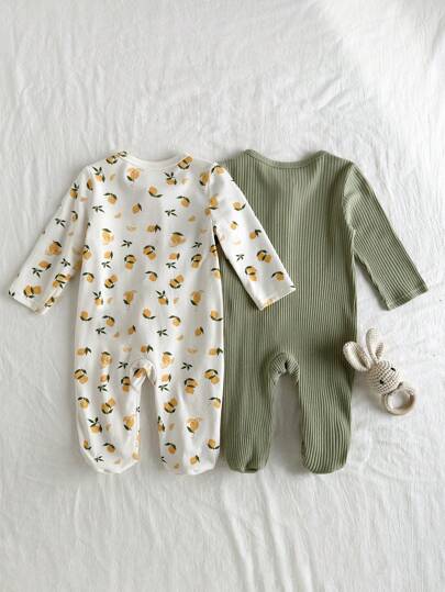 Loomiva طقم جمب سوت وبنطلون طفل حديث الولادة مكون من قطعتين، طباعة ليمون ولون أساسي ناعم مصنوع من الحياكة ، أكمام طويلة وياقة طاقم