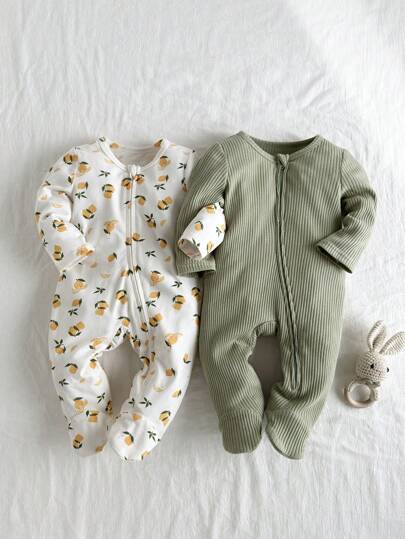 Loomiva طقم جمب سوت وبنطلون طفل حديث الولادة مكون من قطعتين، طباعة ليمون ولون أساسي ناعم مصنوع من الحياكة ، أكمام طويلة وياقة طاقم