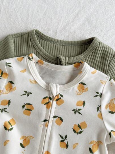 Loomiva طقم جمب سوت وبنطلون طفل حديث الولادة مكون من قطعتين، طباعة ليمون ولون أساسي ناعم مصنوع من الحياكة ، أكمام طويلة وياقة طاقم