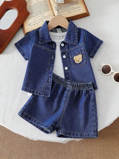 SHEIN Vintaside Kids طقم جينز صيفي للأولاد، توب بياقة وأكمام قصيرة مصمم باسلوب عصري مع شورت، قصة فضفاضة مناسبة للاستخدام في اللعب الخارجي والأنشطة اليومية والرياضة وحضور المناسبات