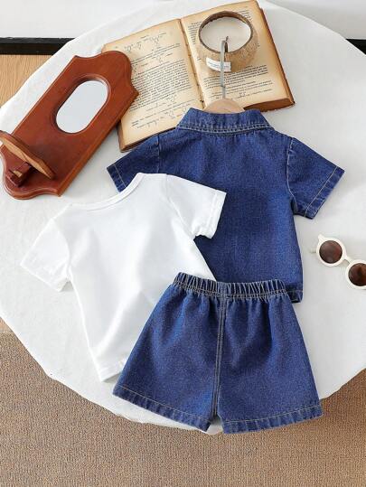 SHEIN Vintaside Kids طقم جينز صيفي للأولاد، توب بياقة وأكمام قصيرة مصمم باسلوب عصري مع شورت، قصة فضفاضة مناسبة للاستخدام في اللعب الخارجي والأنشطة اليومية والرياضة وحضور المناسبات