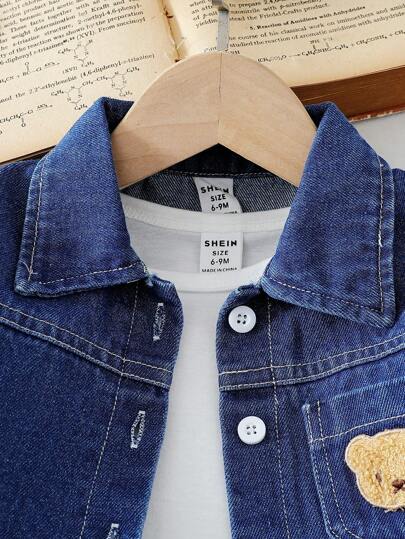 SHEIN Vintaside Kids طقم جينز صيفي للأولاد، توب بياقة وأكمام قصيرة مصمم باسلوب عصري مع شورت، قصة فضفاضة مناسبة للاستخدام في اللعب الخارجي والأنشطة اليومية والرياضة وحضور المناسبات