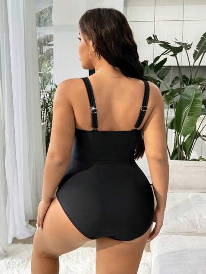 Swim Lushoire بدلة سباحة قطعة واحدة باللون الأسود داكنة ذات طابع مخفف وجذاب لصف الجسم، من قياسات زائدة للنساء