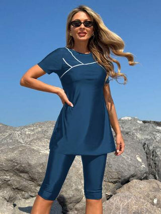 طقم تانكيني حريمي Swim Mulvari بدلة سباحة تنكري نسائية محتشمة وأنيقة ، بياقة مستديرة وأكمام قصيرة، كاجوال