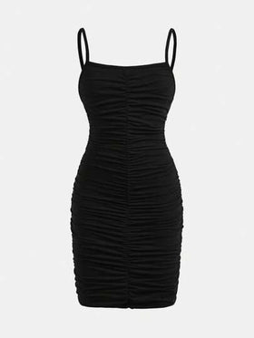 SHEIN فستان قطن قصير أنيق للفتيات المراهقات بحمالات رفيعة وطباعة، مصمم بطريقة ملائمة