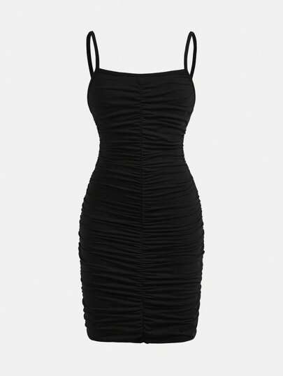 SHEIN فستان قطن قصير أنيق للفتيات المراهقات بحمالات رفيعة وطباعة، مصمم بطريقة ملائمة