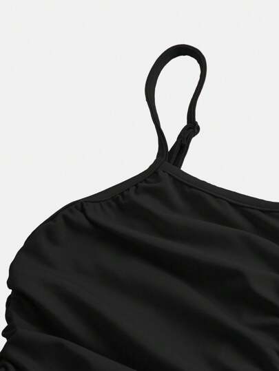 SHEIN فستان قطن قصير أنيق للفتيات المراهقات بحمالات رفيعة وطباعة، مصمم بطريقة ملائمة