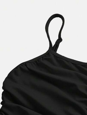 SHEIN فستان قطن قصير أنيق للفتيات المراهقات بحمالات رفيعة وطباعة، مصمم بطريقة ملائمة