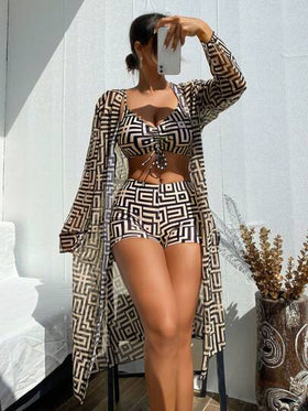 Swim Lushoire طقم ملابس سباحة للسيدات للصيف يشمل: صدرية مطبوعة، سروال داخلي، وغطاء عشوائي النمط، 3 قطع