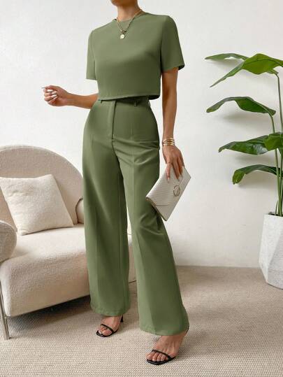 SHEIN Essnce 2 قطعة/مجموعة بنطلون طويل وتوب قصير بلون واحد للنساء