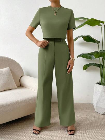 SHEIN Essnce 2 قطعة/مجموعة بنطلون طويل وتوب قصير بلون واحد للنساء