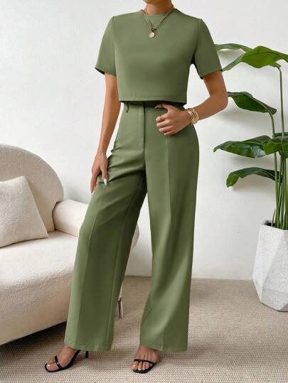 SHEIN Essnce 2 قطعة/مجموعة بنطلون طويل وتوب قصير بلون واحد للنساء
