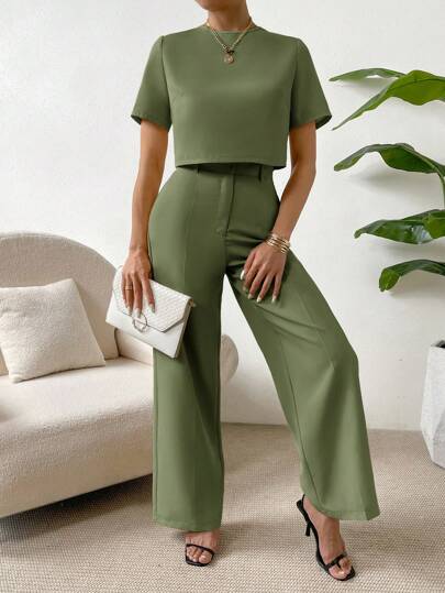 SHEIN Essnce 2 قطعة/مجموعة بنطلون طويل وتوب قصير بلون واحد للنساء