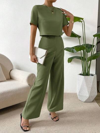 SHEIN Essnce 2 قطعة/مجموعة بنطلون طويل وتوب قصير بلون واحد للنساء