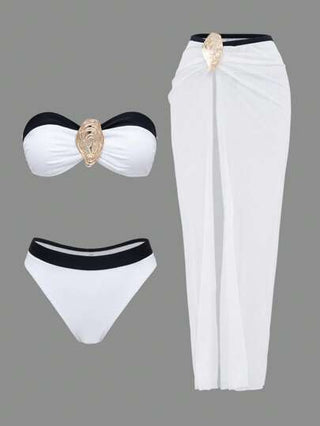 Swim Vcay طقم بكيني بانديو ثلاثي القطع بألوان متباينة مع إكسسوارات معدنية، يشمل تنورة ذات شق ماكسي جذاب، أنيق وجذاب للكبار في حفلات الشاطئ والمنتجعات