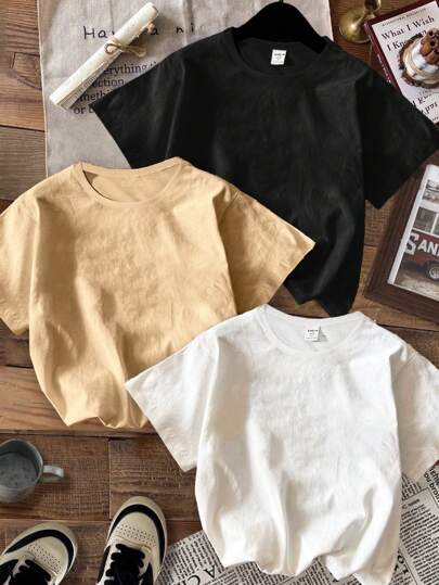 SHEIN 3 أطقم تي شيرت قصير الأكمام بياقة مستديرة للأولاد المراهقين الكاجوال الأساسية، موسم الصيف