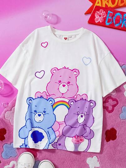 ملابس بناتي X Care Bears تي شيرت كاجوال قصير الأكمام أبيض مطبوع بنمط الدببة الملون وجذاب للبنات صغيرات السن