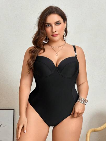 SHEIN Swim Curve بدلة سباحة قطعة واحدة بلون أسود مثير للمرأة بحجم كبير ، ملابس للعطلات