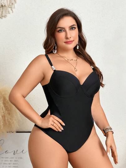 SHEIN Swim Curve بدلة سباحة قطعة واحدة بلون أسود مثير للمرأة بحجم كبير ، ملابس للعطلات