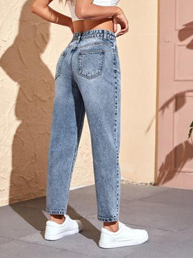 SHEIN PETITE سراويل جينز نساء بجيوب وسيقان مستقيمة للاستخدام اليومي