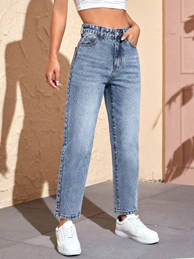 SHEIN PETITE سراويل جينز نساء بجيوب وسيقان مستقيمة للاستخدام اليومي