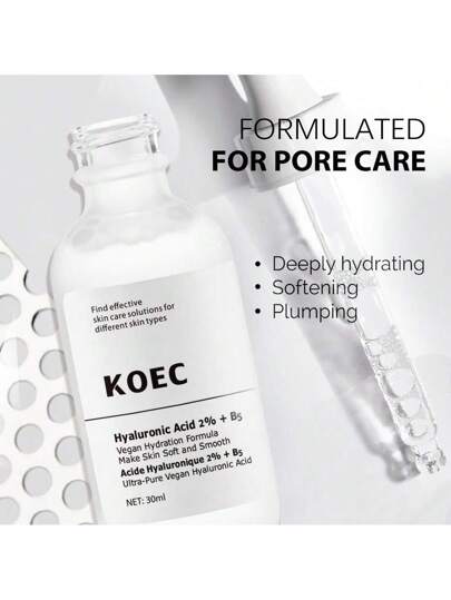 KOEC 1 أونصة سائلة 30% حمض الألفا هيدروكسي + 2% حمض البيتا هيدروكسي منعش للبشرة، 1 أونصة سائلة 2% حمض الهيالورونيك + فيتامين ب5 مجموعة ترطيب مشرقة للبشرة