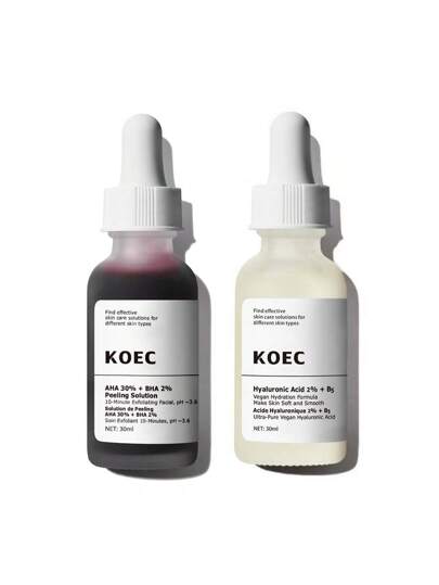 KOEC 1 أونصة سائلة 30% حمض الألفا هيدروكسي + 2% حمض البيتا هيدروكسي منعش للبشرة، 1 أونصة سائلة 2% حمض الهيالورونيك + فيتامين ب5 مجموعة ترطيب مشرقة للبشرة