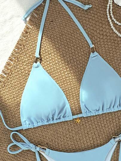 Swim Mod مجموعة بكيني ثلاثية مثيرة للنساء بتزيينات نجمية متدلية للعطلات الشاطئية ، بارتباط عنق