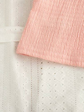 SHEIN Genkimix Kids 3 قطع ملابس صيفية للفتاة الصغيرة: سترة بسيطة كلوش، شورت أبيض بقصة مستقيمة، كارديجان مضلع مافي بلا أكمام رفيع مزين بحزام، تصميم بسيط ومريح