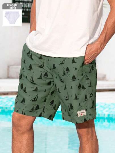 Manfinity Swimmode شورتات كاجوال شاطئية للرجال بخصر سحاب رسومات بحرية